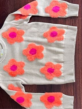 Epic Threads Cream Sweater with Neon Orange & Pink Flower Accents
